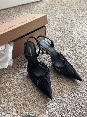 Zara Black Lace Pointed Slingback Heels